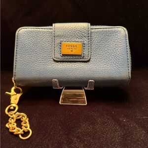 Fossil Blue Leather Wallet with Gold Logo